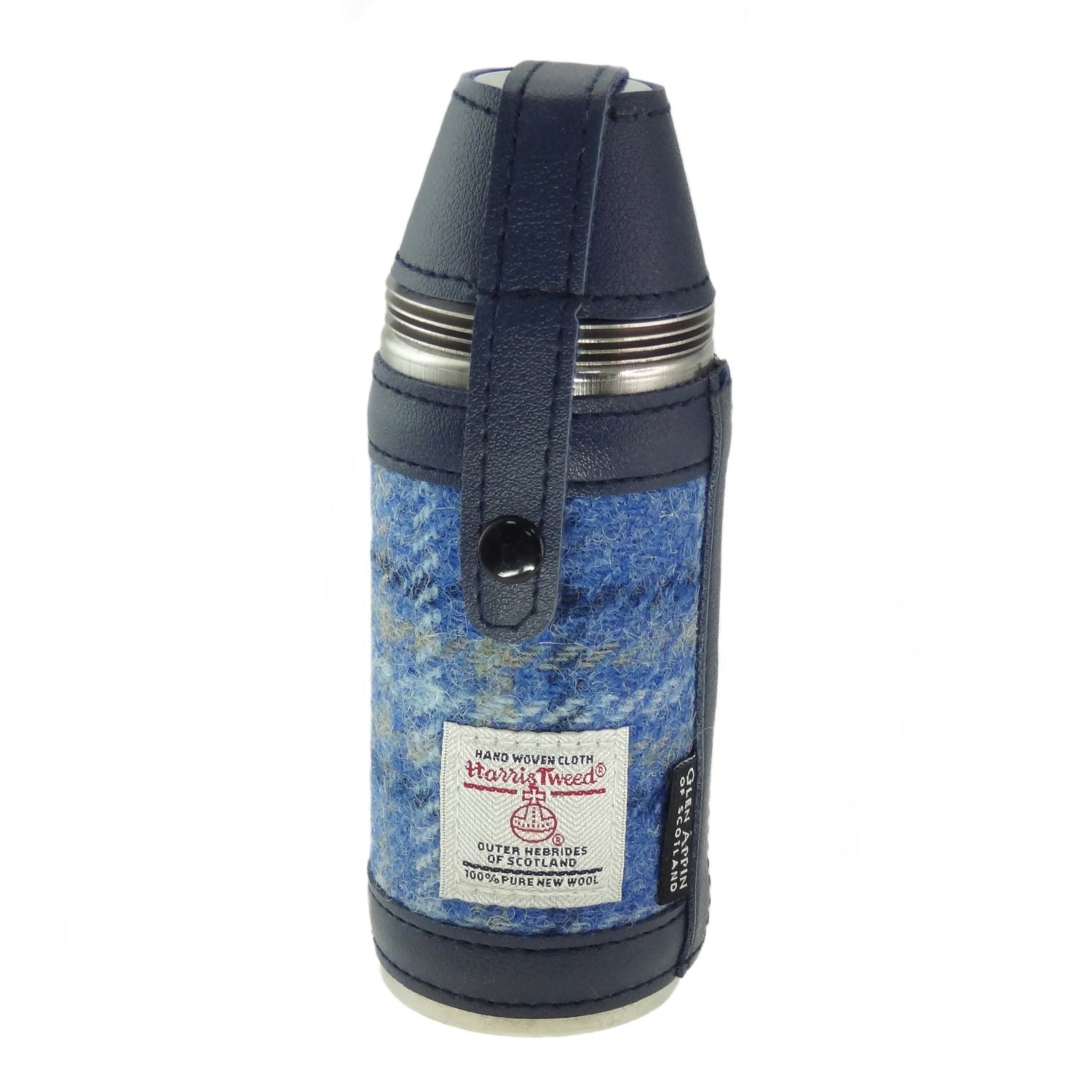 Harris Tweed 8oz Hunting Flask with 4 Cups Navy Blue Check Fabric - COL129 | Harris Tweed Scotland