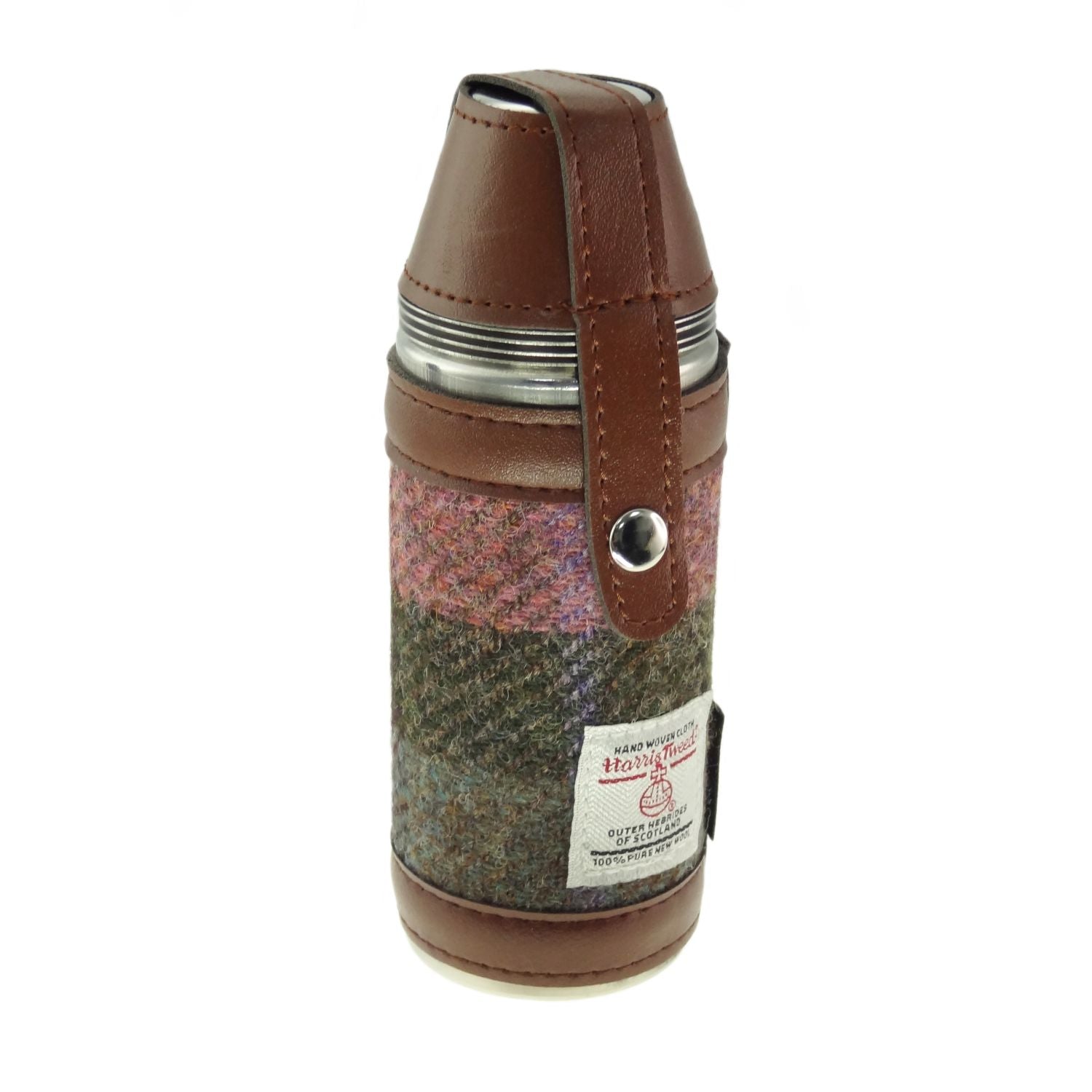 8oz Hunting Flask with 4 Cups & Harris Tweed Purple, Brown & Green Fabric - COL137 | Harris Tweed Scotland