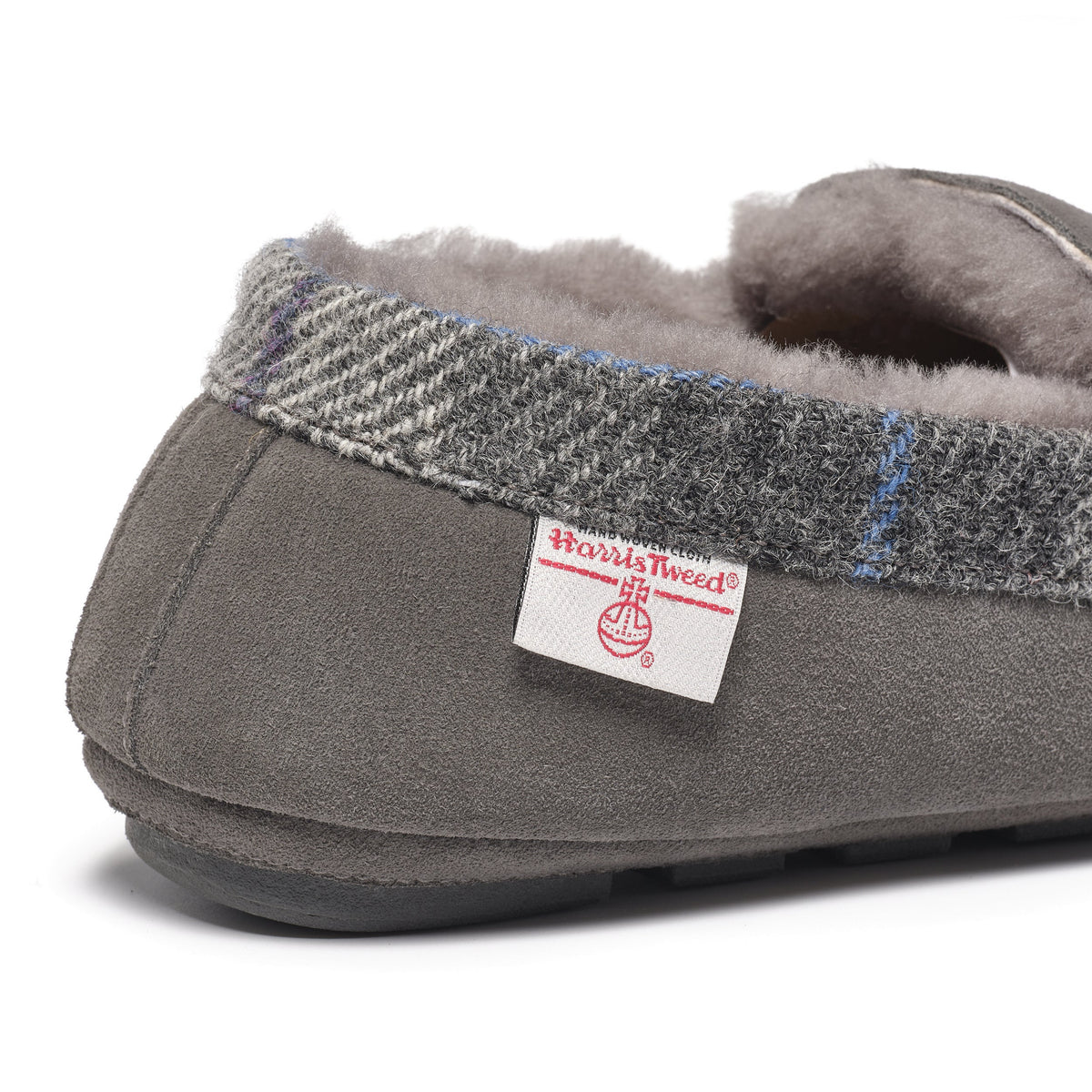 Hanks Men's Navy Suede Moccasin Slippers with Harris Tweed (Grey)