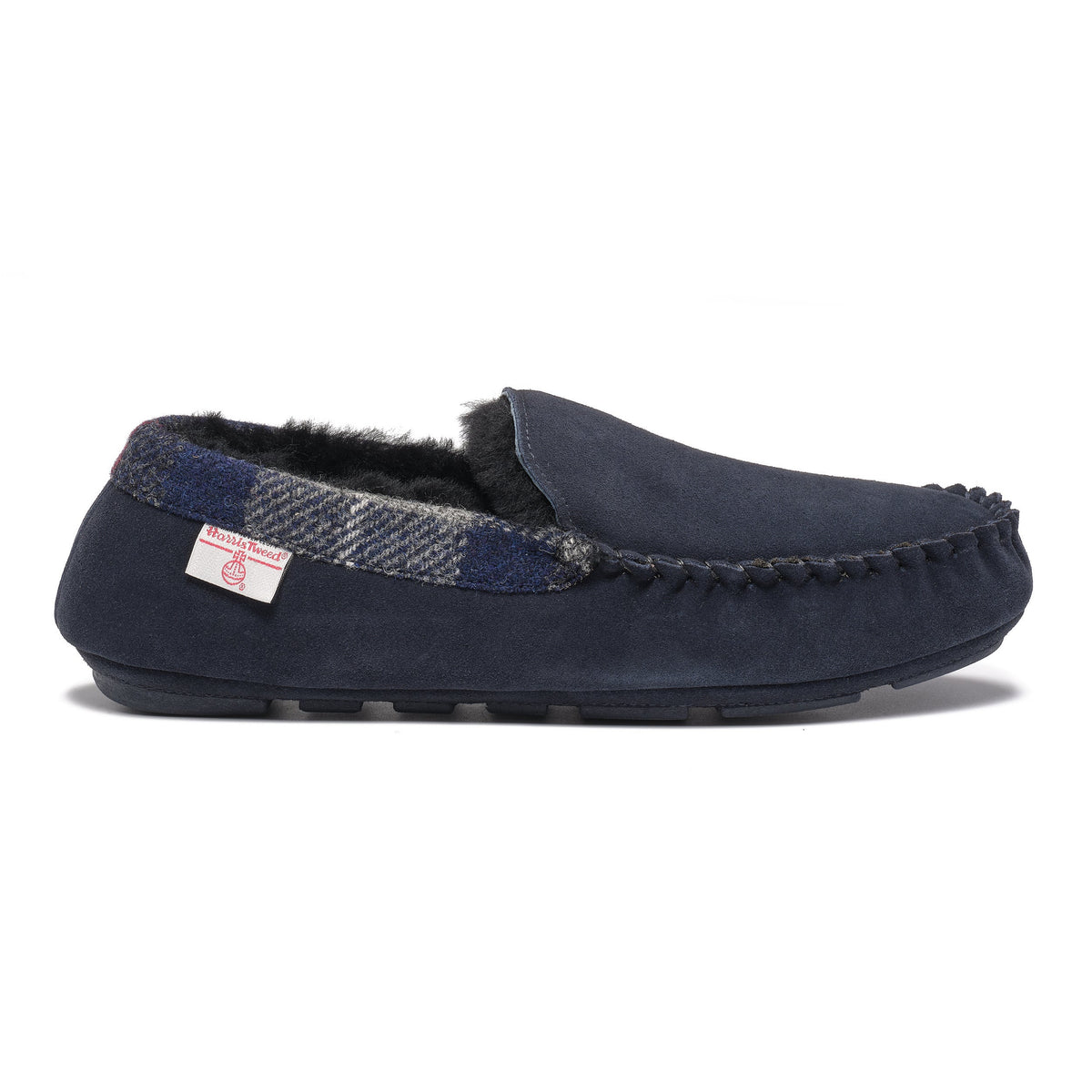 Hanks Men's Navy Suede Moccasin Slippers with Harris Tweed (Navy)
