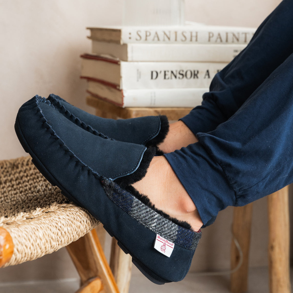 Hanks Men's Navy Suede Moccasin Slippers with Harris Tweed (Navy)
