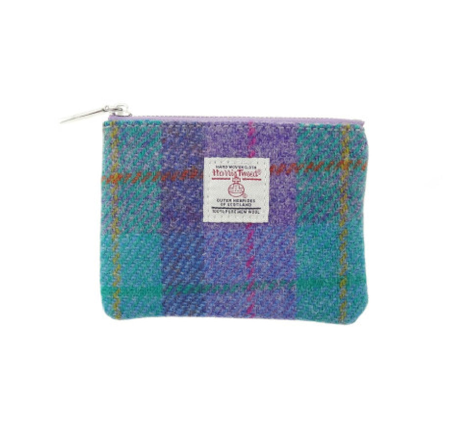 Eriskay Small Zip Pouch with Harris Tweed Blue & Purple Check Fabric - COL79 | Harris Tweed Scotland