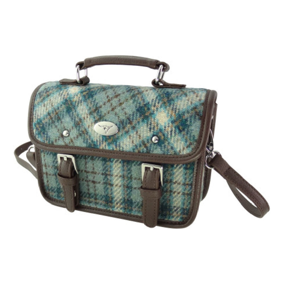 Bervie Mini Satchel Bag with Harris Tweed Blue & Brown Check Fabric - COL121 | Harris Tweed Scotland