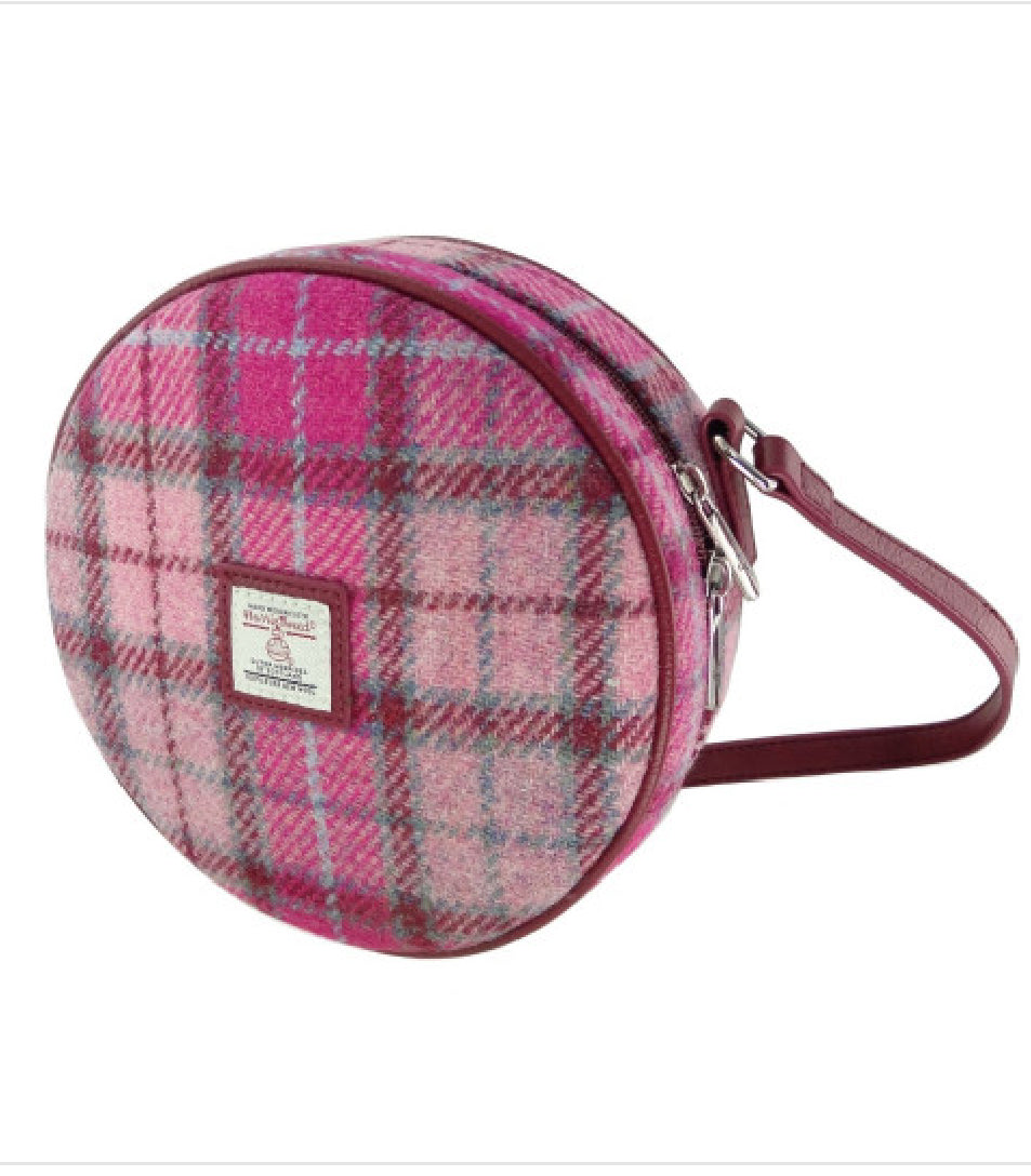 Harris Tweed Bannock Round Handbag with Shoulder Strap Pink & Purple Check - COL138 | Harris Tweed Scotland