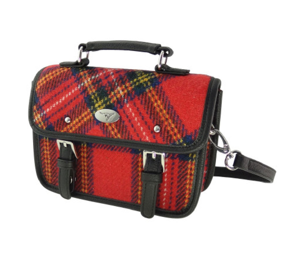 Harris Tweed Bervie Mini Satchel Bag Red, Black, Green & Yellow Tartan - COL24 | Harris Tweed Scotland