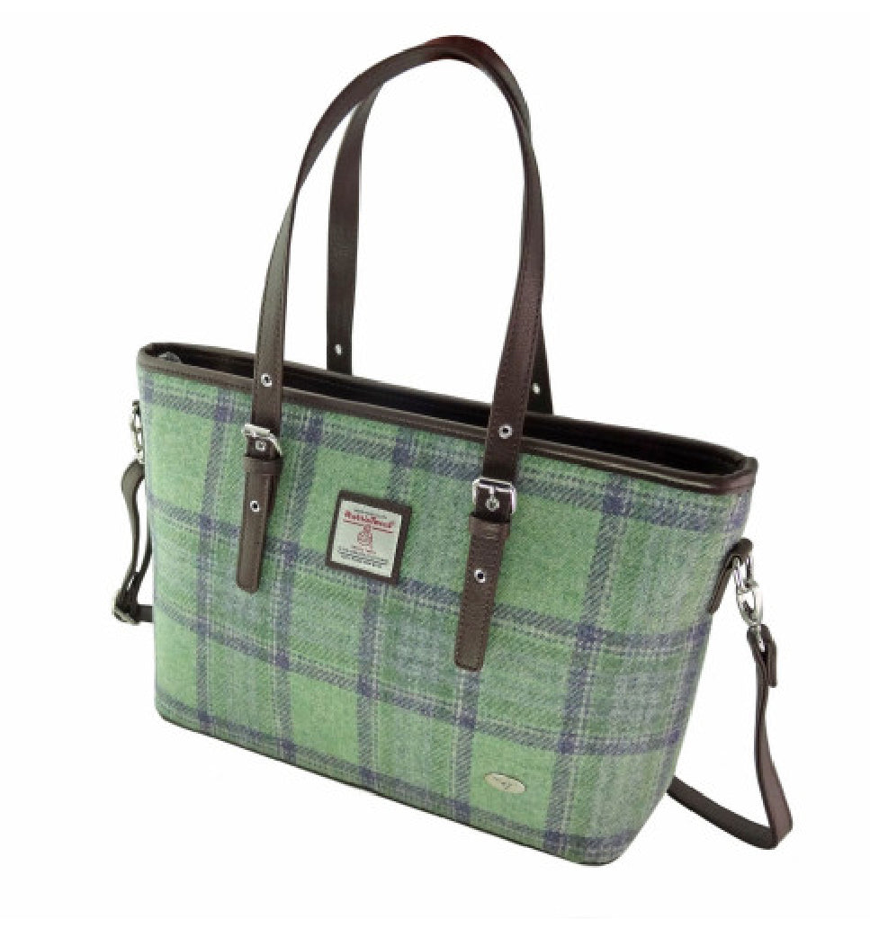 Spey Tote Bag with Shoulder Strap & Harris Tweed Mint Green & Blue Check - COL139 | Harris Tweed Scotland