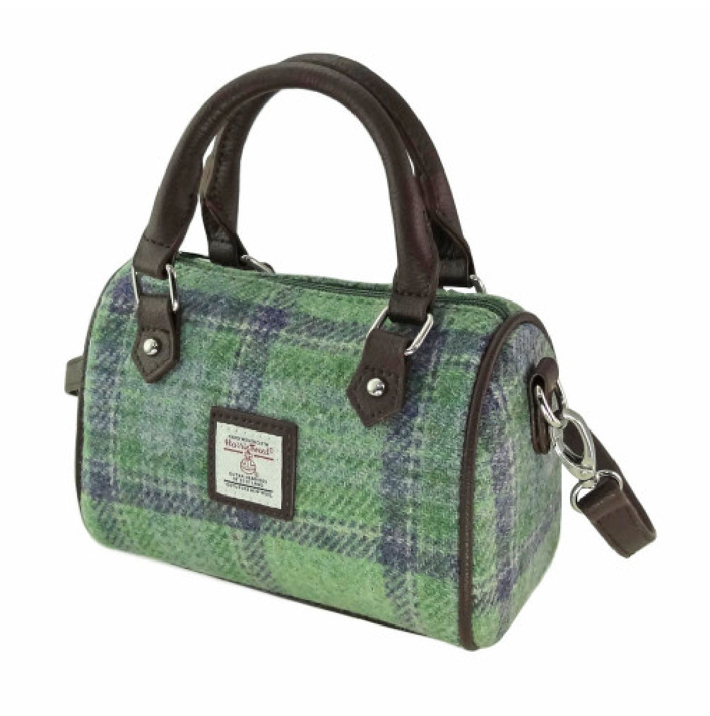 Harris Tweed Kilbride Mini Bowling Handbag with Shoulder Strap Mint Green Blue & Brown | Harris Tweed Scotland