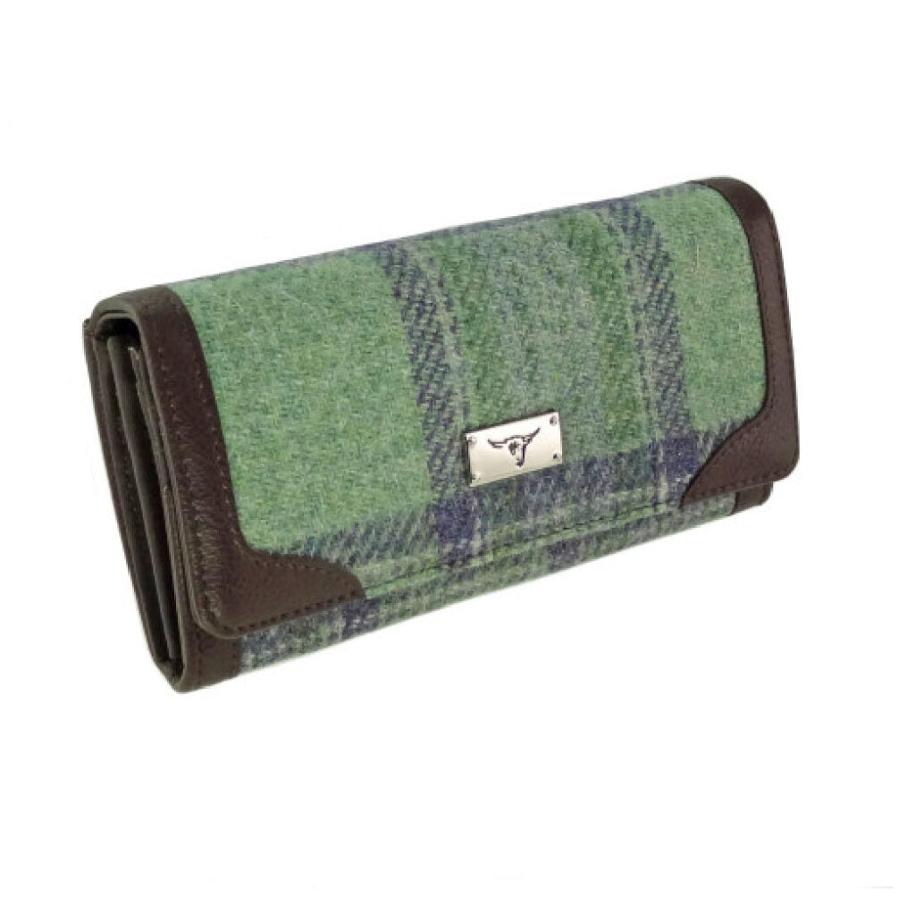 Bute Long Purse Harris Tweed Mint Green & Brown - COL149 | Harris Tweed Scotland
