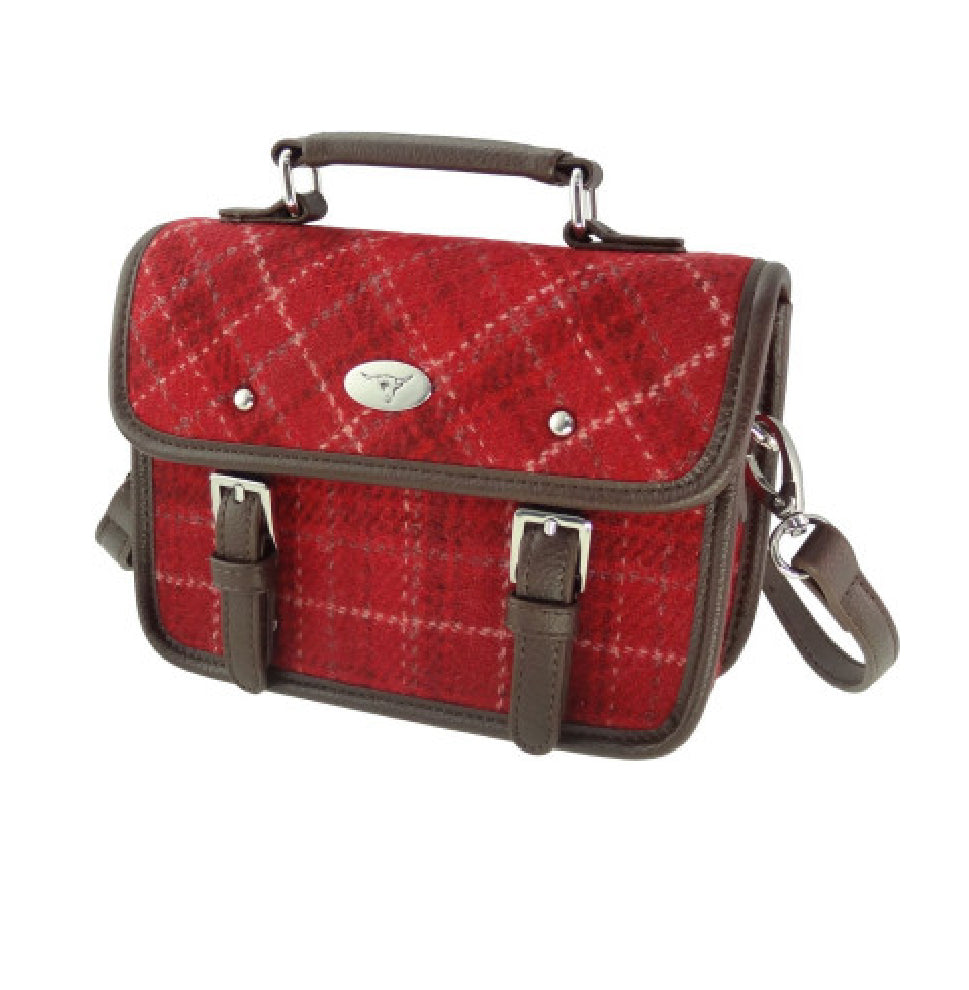 Bervie Mini Satchel Bag with Harris Tweed Burnt Orange & Brown Check Fabric - COL102 | Harris Tweed Scotland
