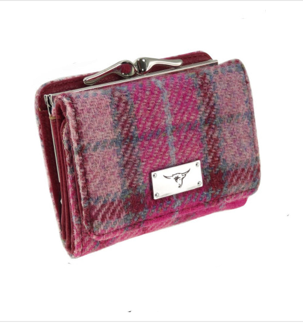 Unst Small Clasp Purse with Harris Tweed Purple & Pink Check Fabric - COL138 | Harris Tweed Scotland