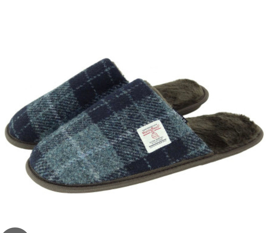 Harris Tweed Unisex Slippers with Fleece Lining Blue Navy Check Fabric - COL95 | Harris Tweed Scotland