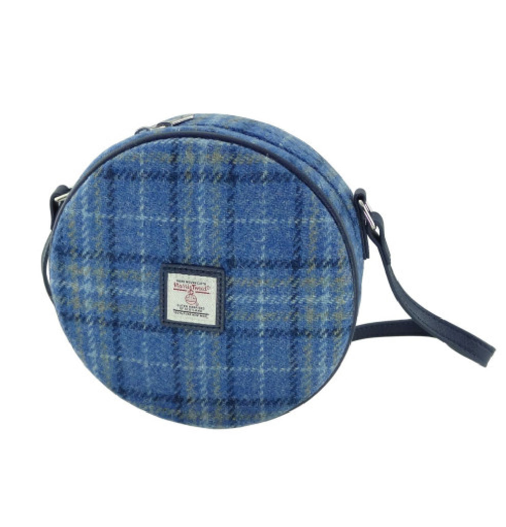 Harris Tweed Bannock Round Handbag with Shoulder Strap Navy Blue Check - COL129 | Harris Tweed Scotland