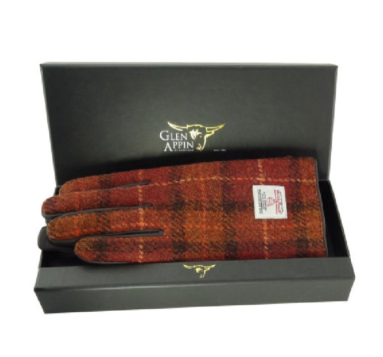 Ladies Brown Leather Gloves with Harris Tweed Burnt Orange & Brown Check Fabric Gift Boxed - COL117 | Harris Tweed Scotland