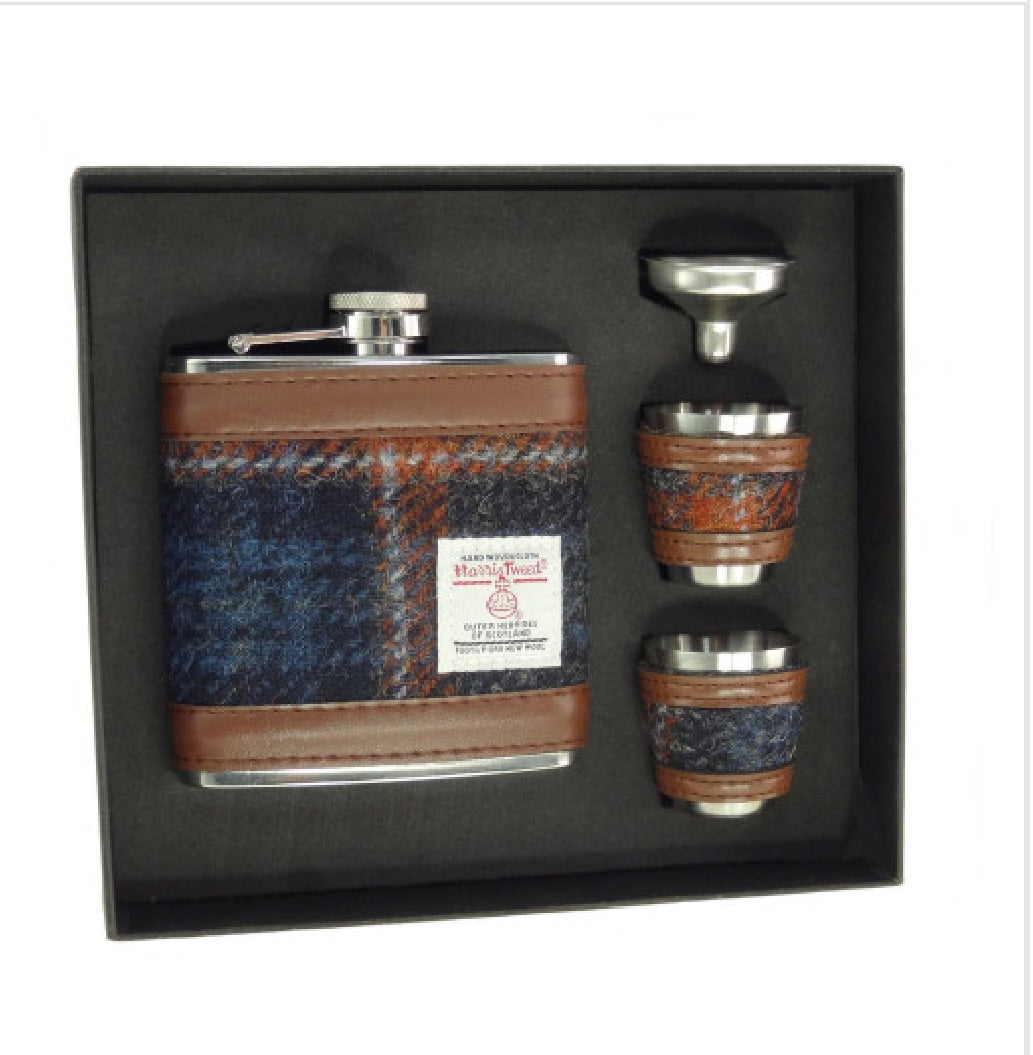 Harris Tweed Blue & Brown Hip Flask Gift Set 6oz Two Cups - COL127 | Harris Tweed Scotland