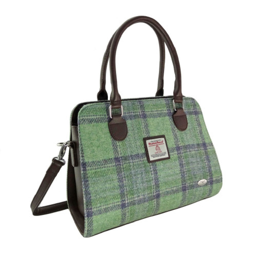 Findhorn Classic Handbag with Harris Tweed Green & Blue Check Fabric - COL139 | Harris Tweed Scotland