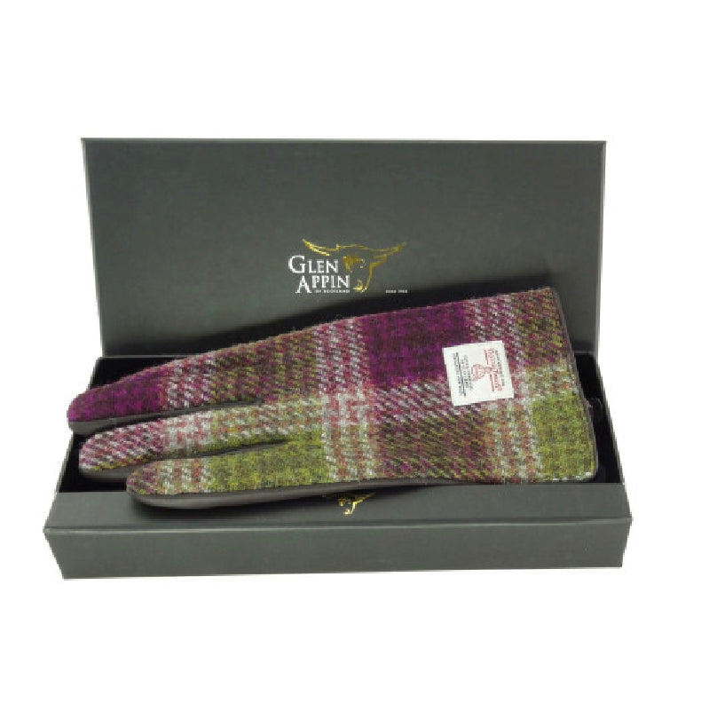 Ladies Harris Tweed Brown Leather Gloves Purple & Green Check Fabric Gift Boxed - COL125 | Harris Tweed Scotland