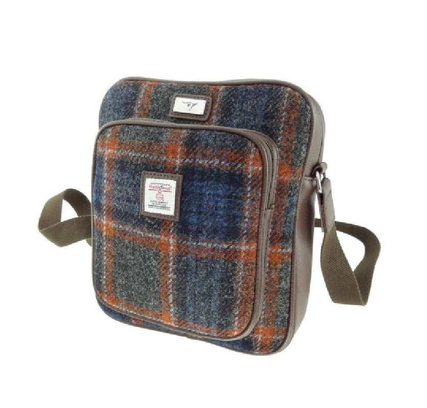Harris Tweed Tay Travel Bag Navy Blue & Orange Check Fabric | Harris Tweed Scotland