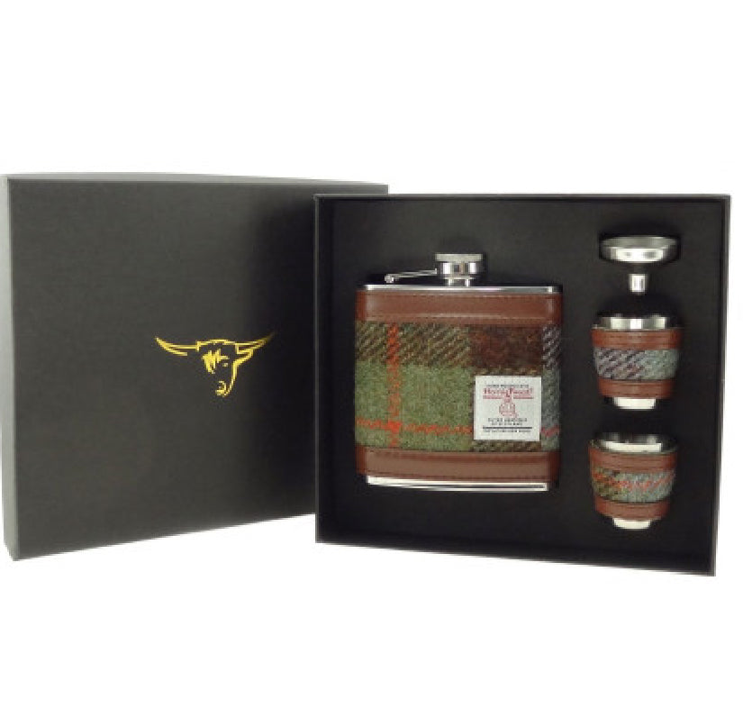 Harris Tweed Hip Flask Gift Set 6oz Two Cups Brown & Green Check - COL15 | Harris Tweed Scotland