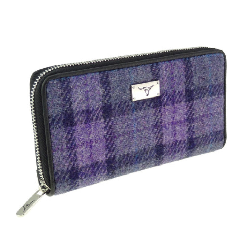 Harris Tweed Staffa Long Zip Purse Purple Check - COL89 | Harris Tweed Scotland