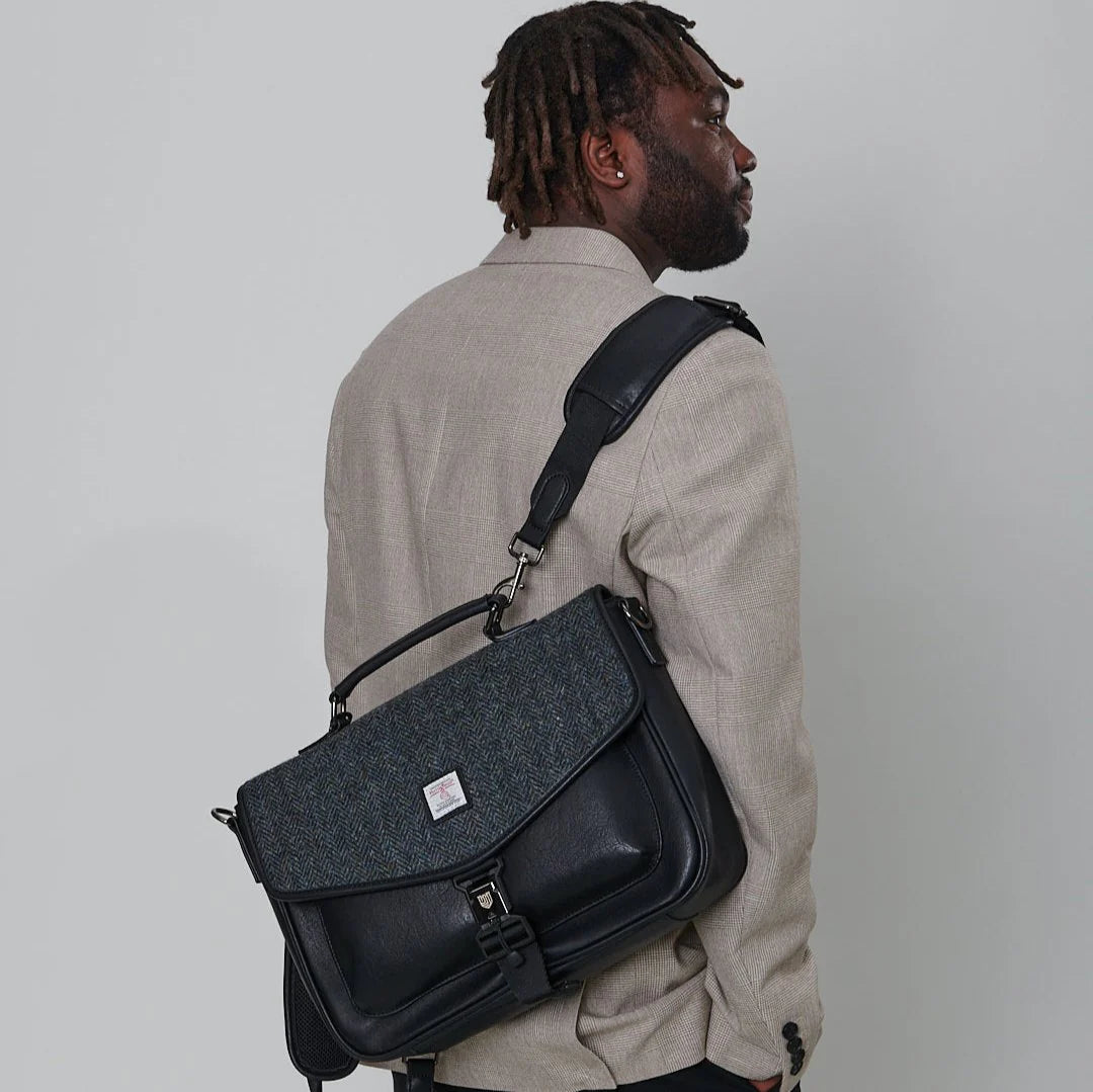 Islander Laptop Bag in Harris Tweed Blue Navy Over Check