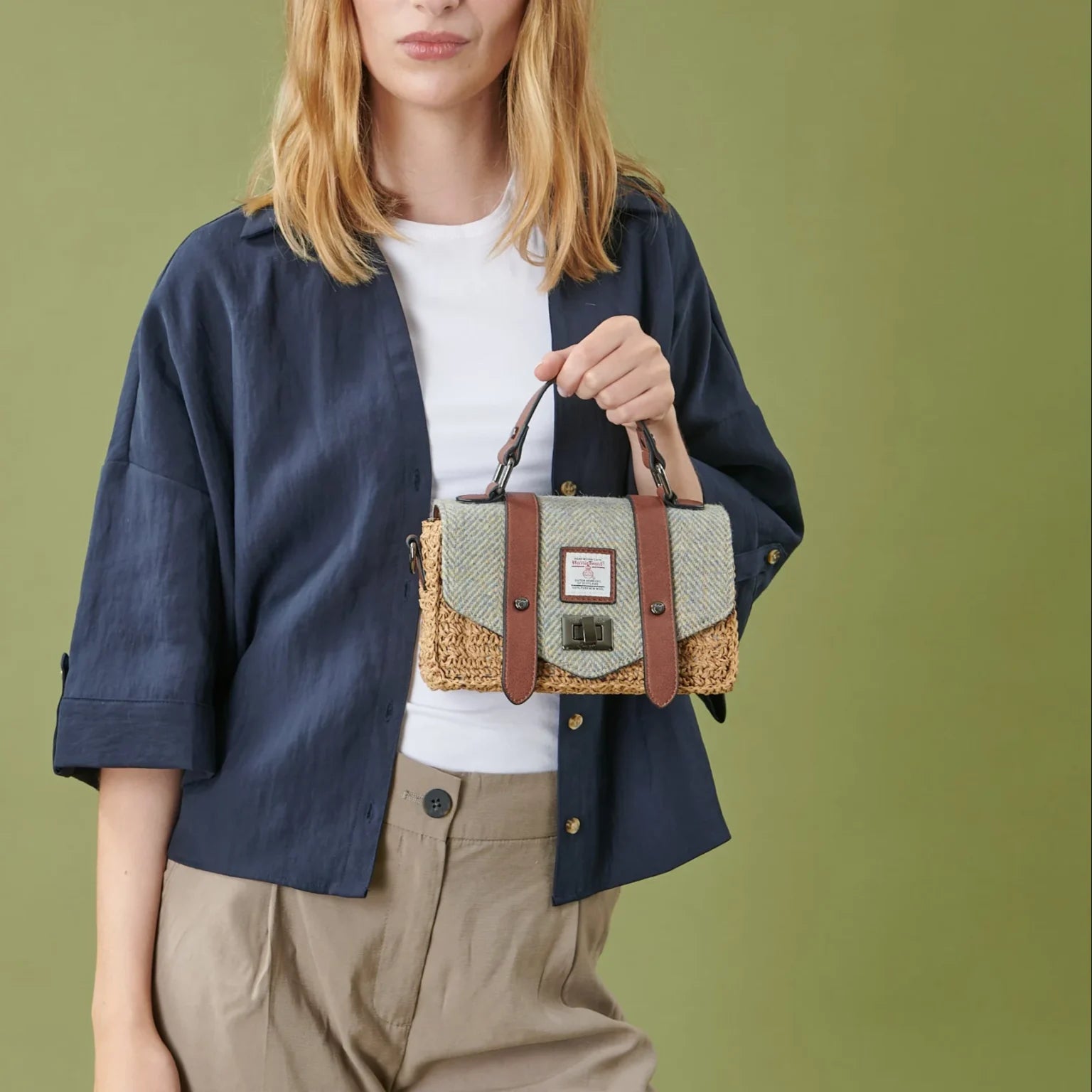Islander Mini Straw Satchel Bag with Harris Tweed Blue & Cream Herringbone | Harris Tweed Scotland