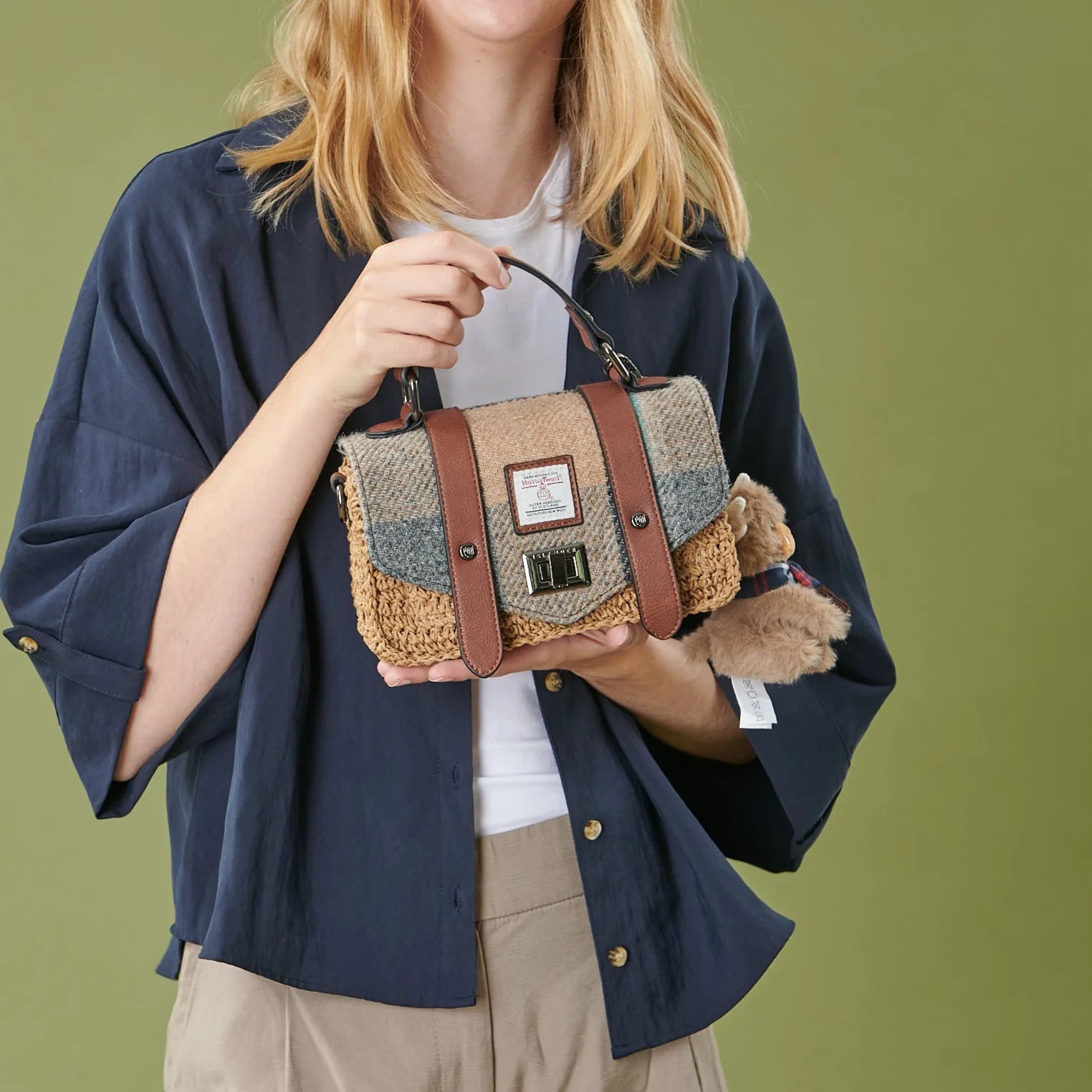Islander Mini Straw Satchel Bag with Harris Tweed Beige Blue & Brown Islander Tartan | Harris Tweed Scotland
