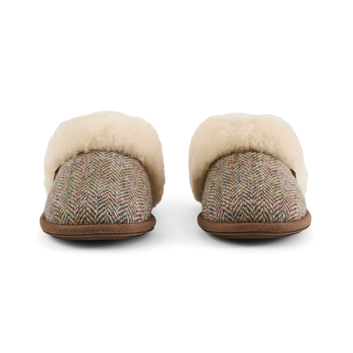 Kate Ladies' Sheepskin Lined Mule Slippers (Oat / Pink Herringbone)