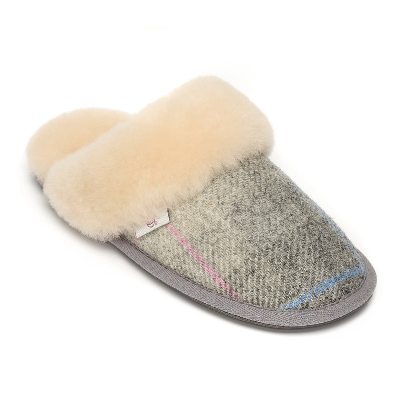 Kate Ladies' Sheepskin Lined Mule Slippers (Grey / Pink Check)