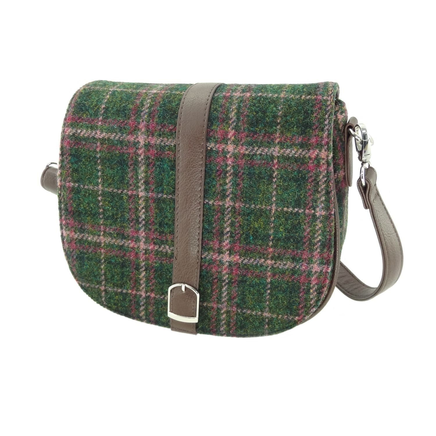 Beauly Classic Shoulder Handbag with Harris Tweed Green & Purple Check Fabric - COL107 | Harris Tweed Scotland