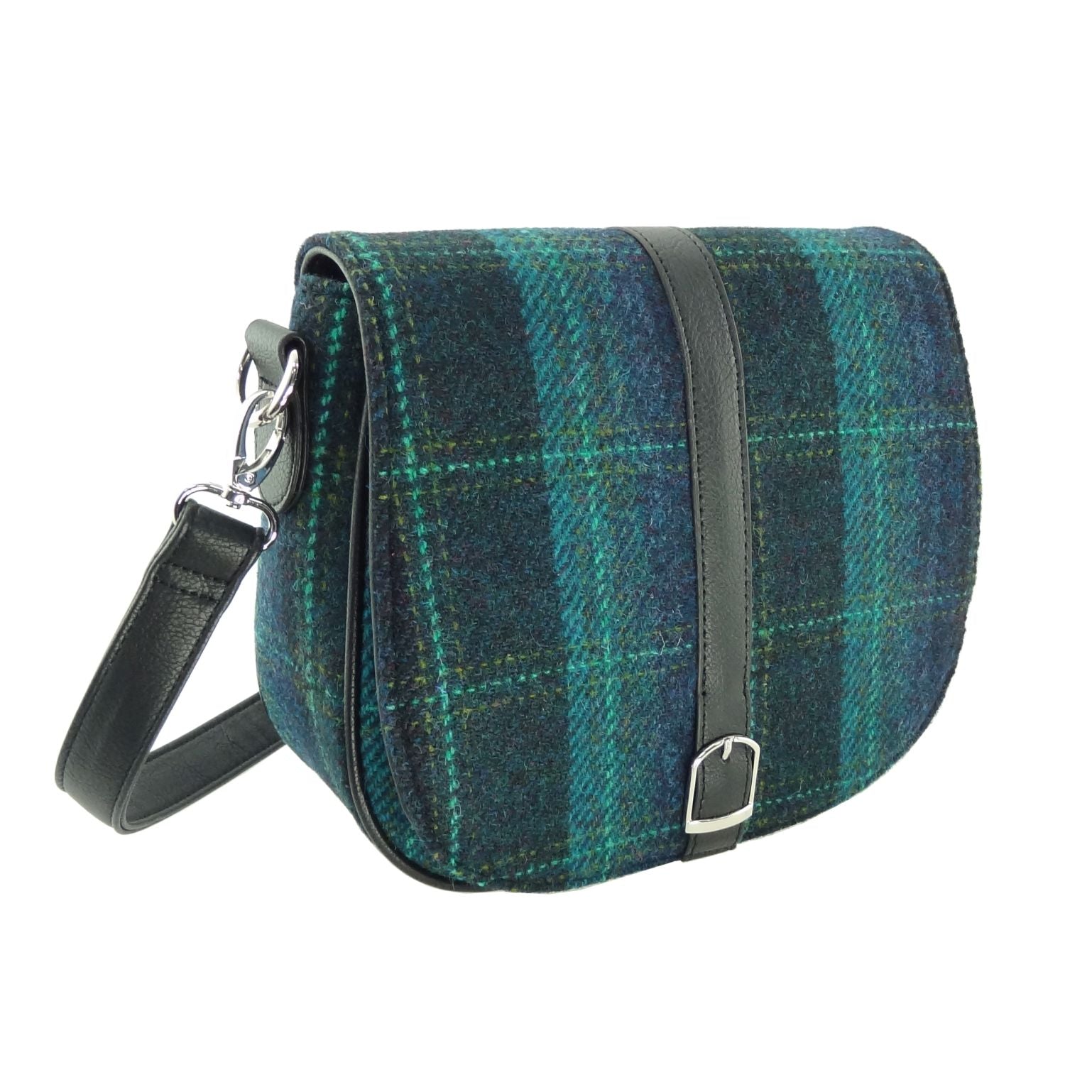 Beauly Classic Shoulder Handbag with Harris Tweed Navy Blue & Green Check Fabric - COL119 | Harris Tweed Scotland