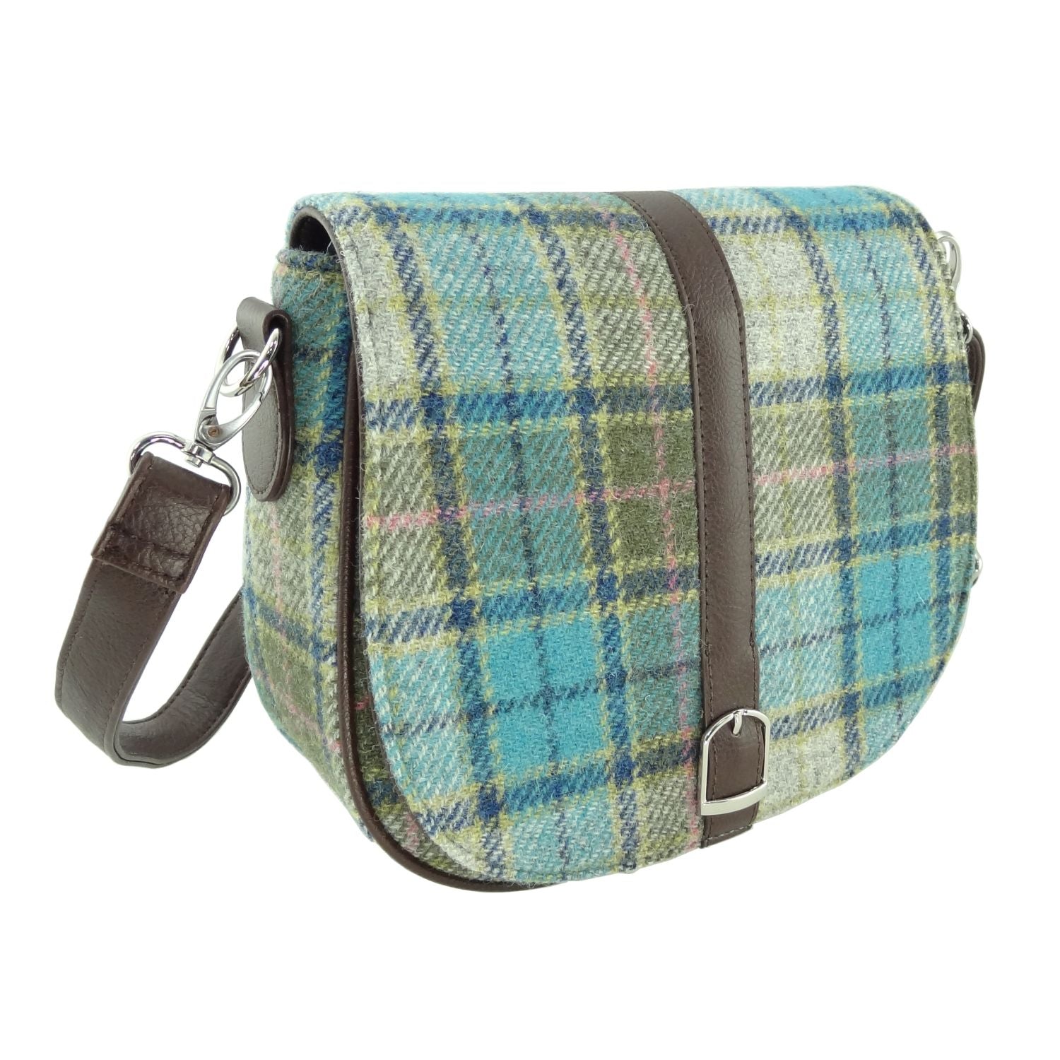 Beauly Classic Shoulder Handbag with Harris Tweed Green & Blue Check Fabric - COL122 | Harris Tweed Scotland