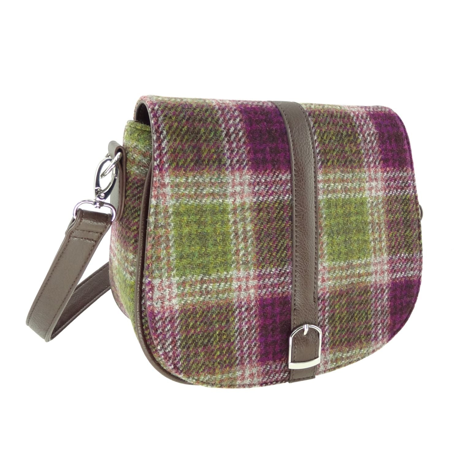 Beauly Classic Shoulder Handbag with Harris Tweed Green & Purple Check Fabric - COL125 | Harris Tweed Scotland