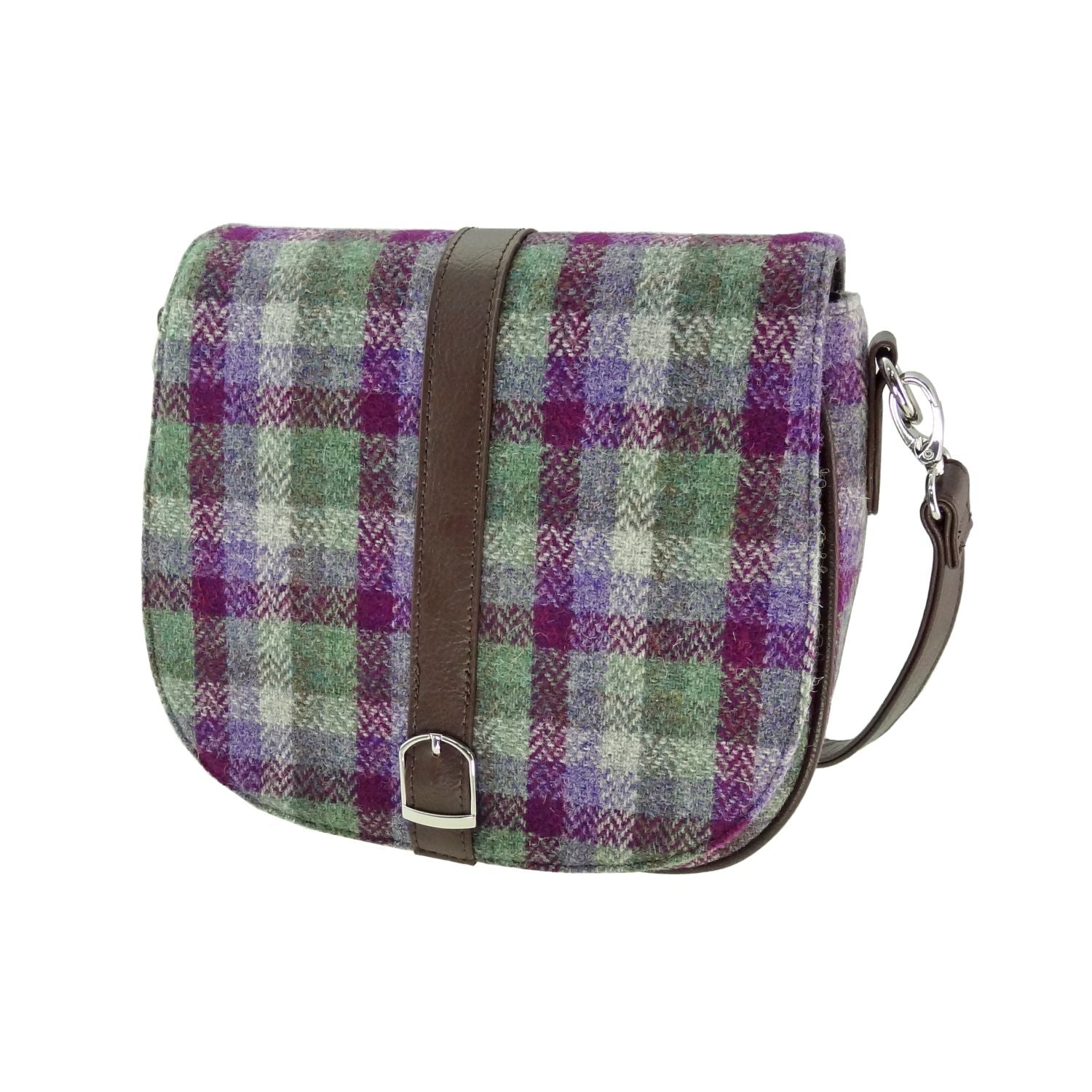 Beauly Classic Shoulder Handbag with Harris Tweed Purple & Green Check Fabric - COL133 | Harris Tweed Scotland