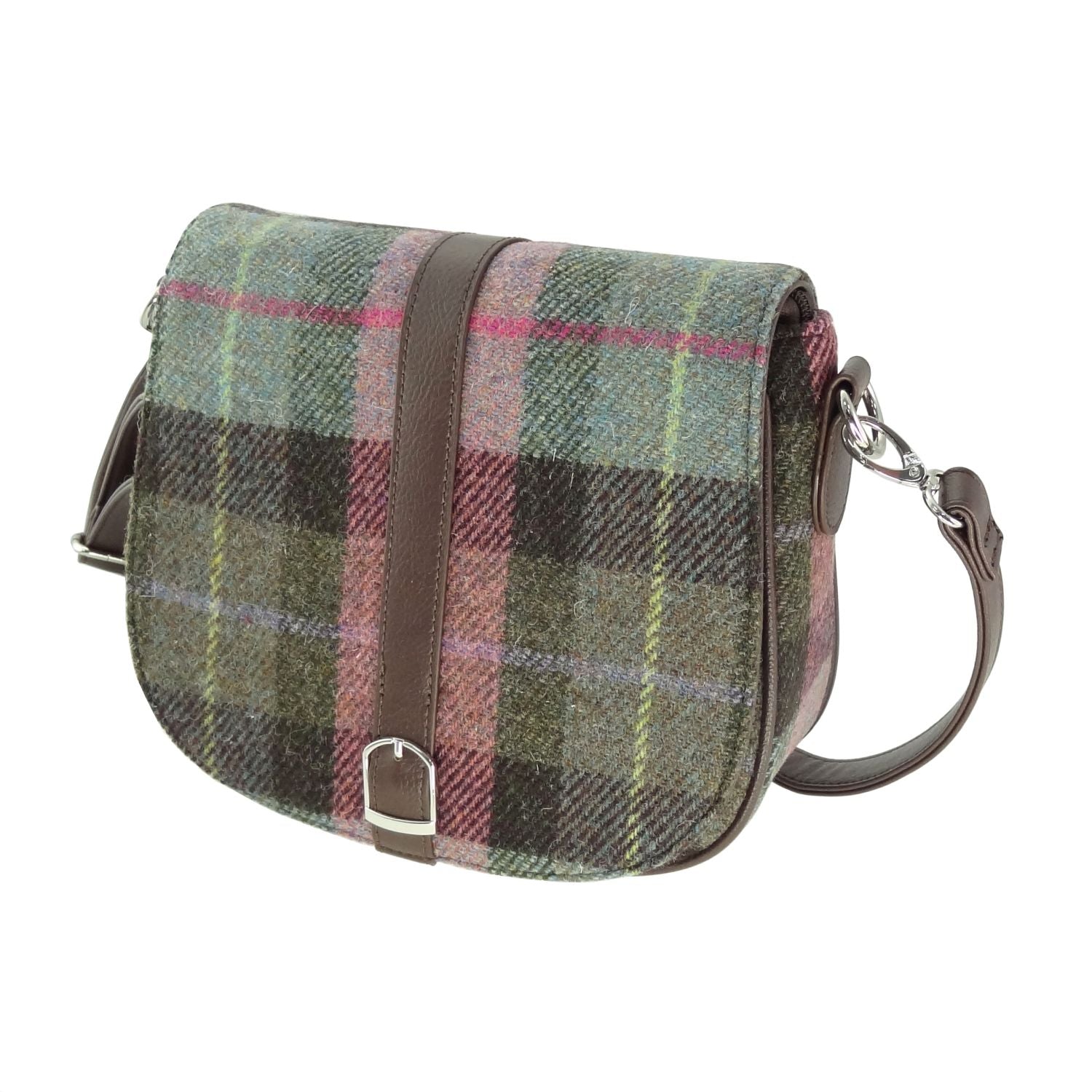 Beauly Classic Shoulder Handbag with Harris Tweed Green & Purple Check Fabric - COL137 | Harris Tweed Scotland
