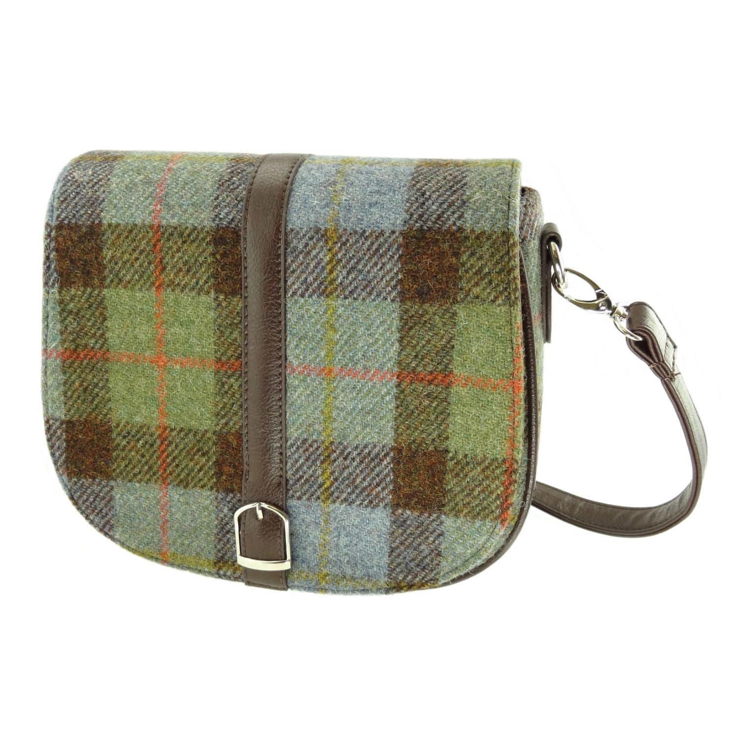 Beauly Classic Shoulder Handbag with Harris Tweed Green, Blue & Brown Check Fabric - COL15 | Harris Tweed Scotland
