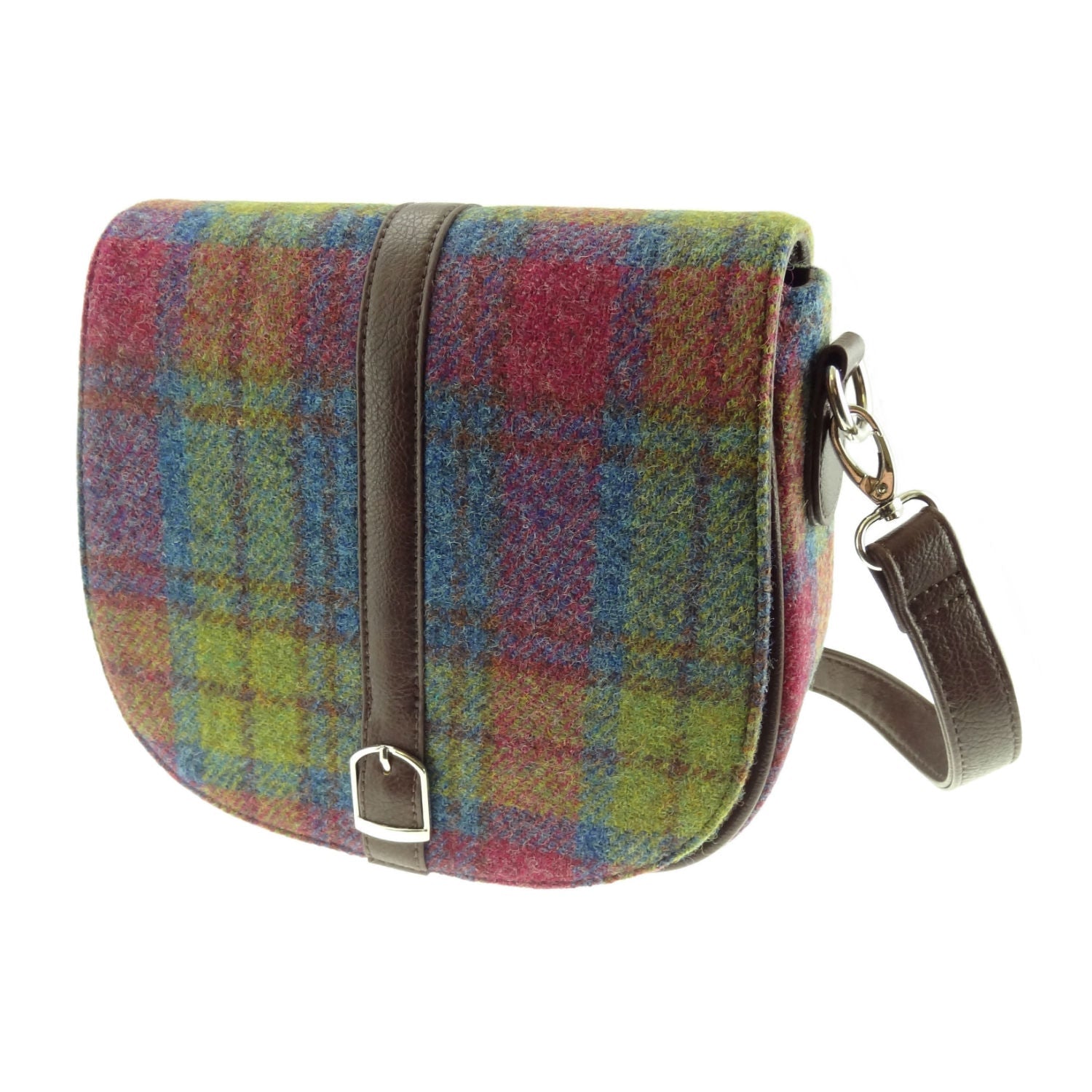 Beauly Classic Shoulder Handbag with Harris Tweed Blue, Green & Purple Check Fabric - COL46 | Harris Tweed Scotland