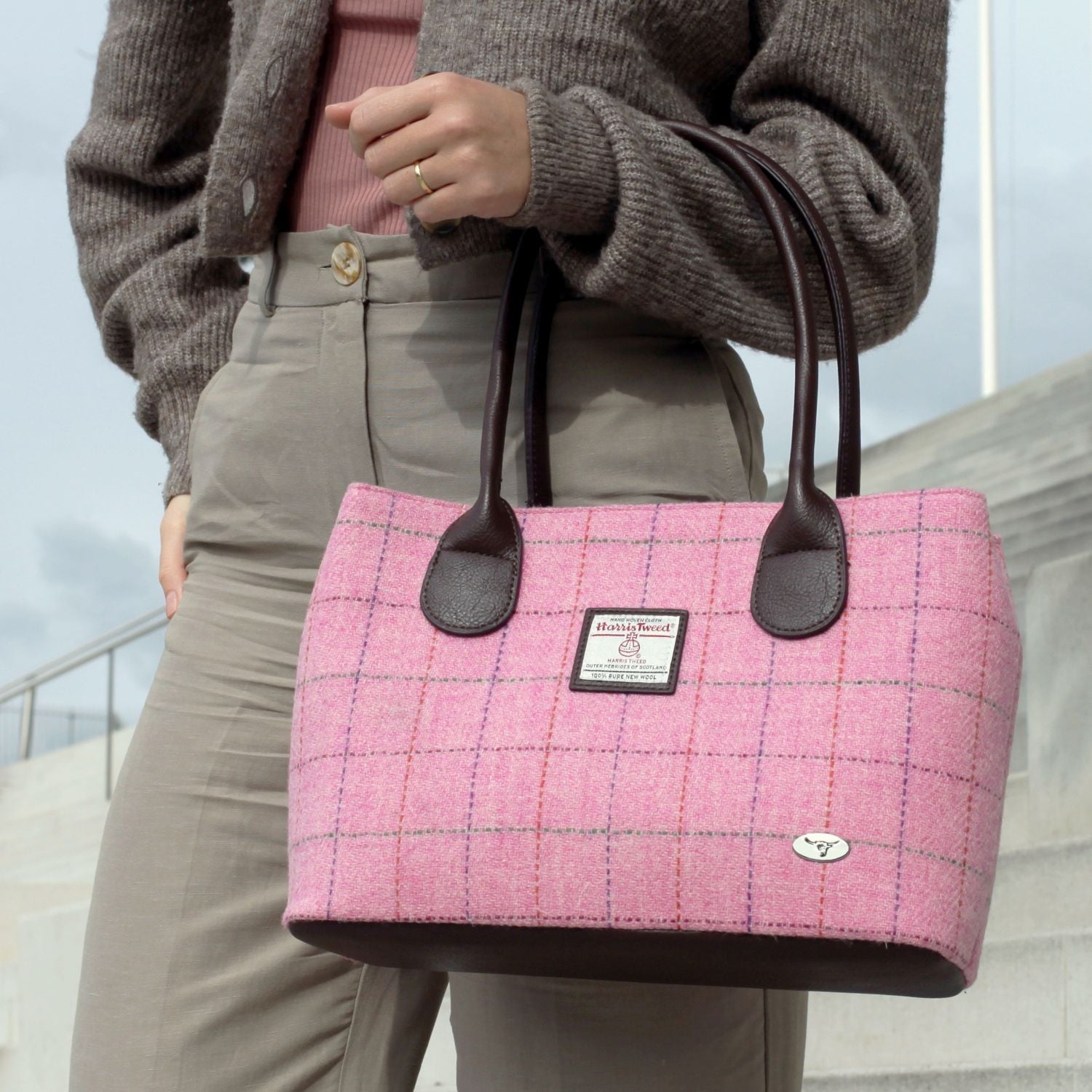 Glen Appin Cassley Classic Handbag with Harris Tweed (Burgundy & Sand Tartan)