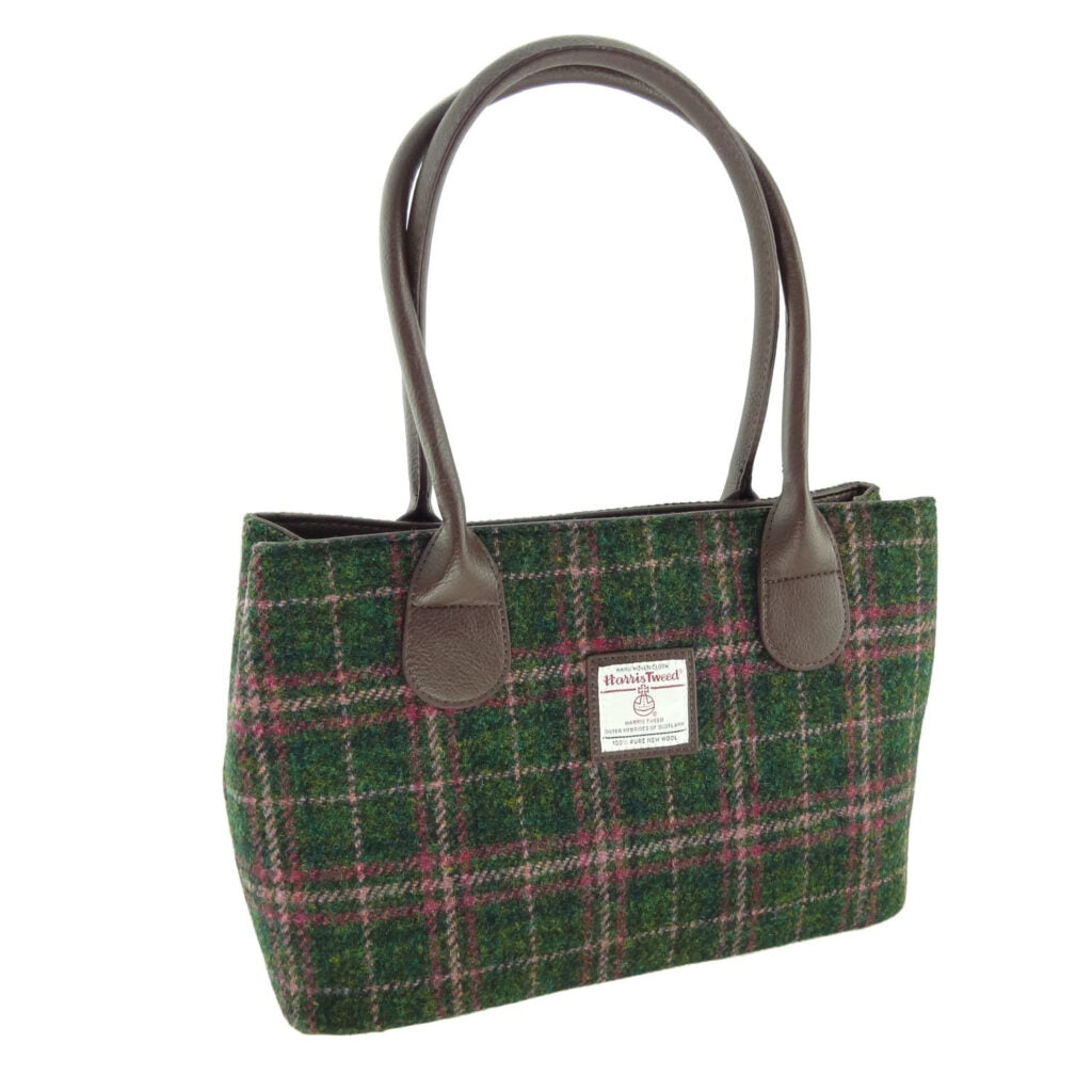 Cassley Classic Handbag with Harris Tweed Purple & Green Check Fabric - COL107 | Harris Tweed Scotland