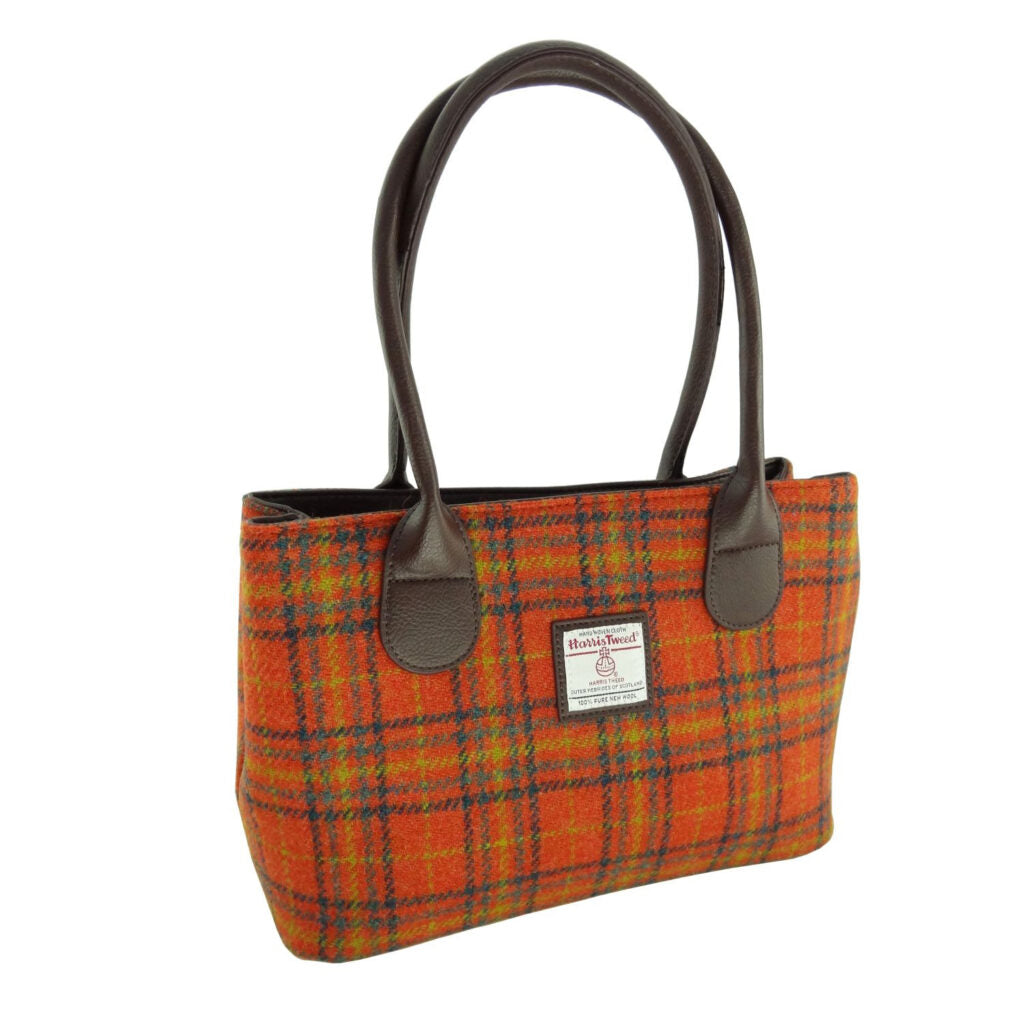 Cassley Classic Handbag with Harris Tweed Brown & Orange Check Fabric - COL108 | Harris Tweed Scotland