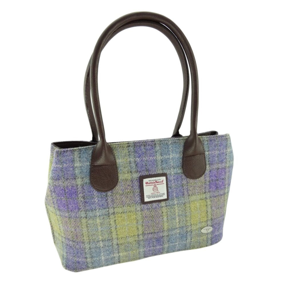 Cassley Classic Handbag with Harris Tweed Purple & Lime Check Fabric - COL112 | Harris Tweed Scotland