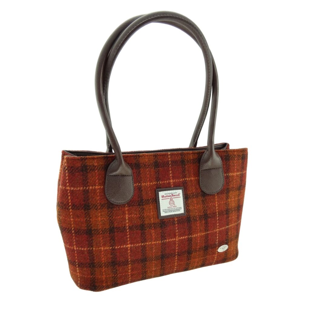 Cassley Classic Handbag with Harris Tweed Burnt Orange & Brown Check Fabric - COL117 | Harris Tweed Scotland