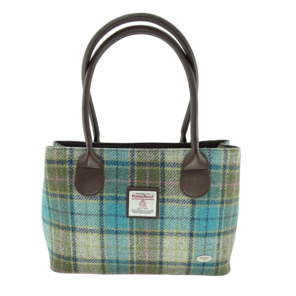 Cassley Classic Handbag with Harris Tweed Blue & Green Check Check Fabric - COL122 | Harris Tweed Scotland