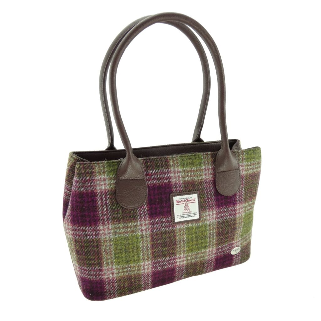 Cassley Classic Handbag with Harris Tweed Purple & Green Check Fabric - COL125 | Harris Tweed Scotland