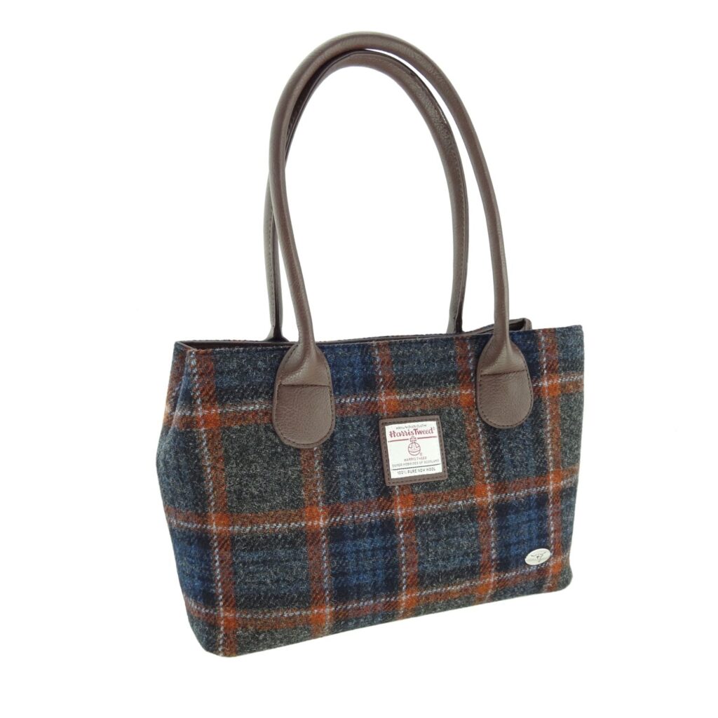 Cassley Classic Handbag with Harris Tweed Navy Blue & Orange Check Fabric - COL127 | Harris Tweed Scotland