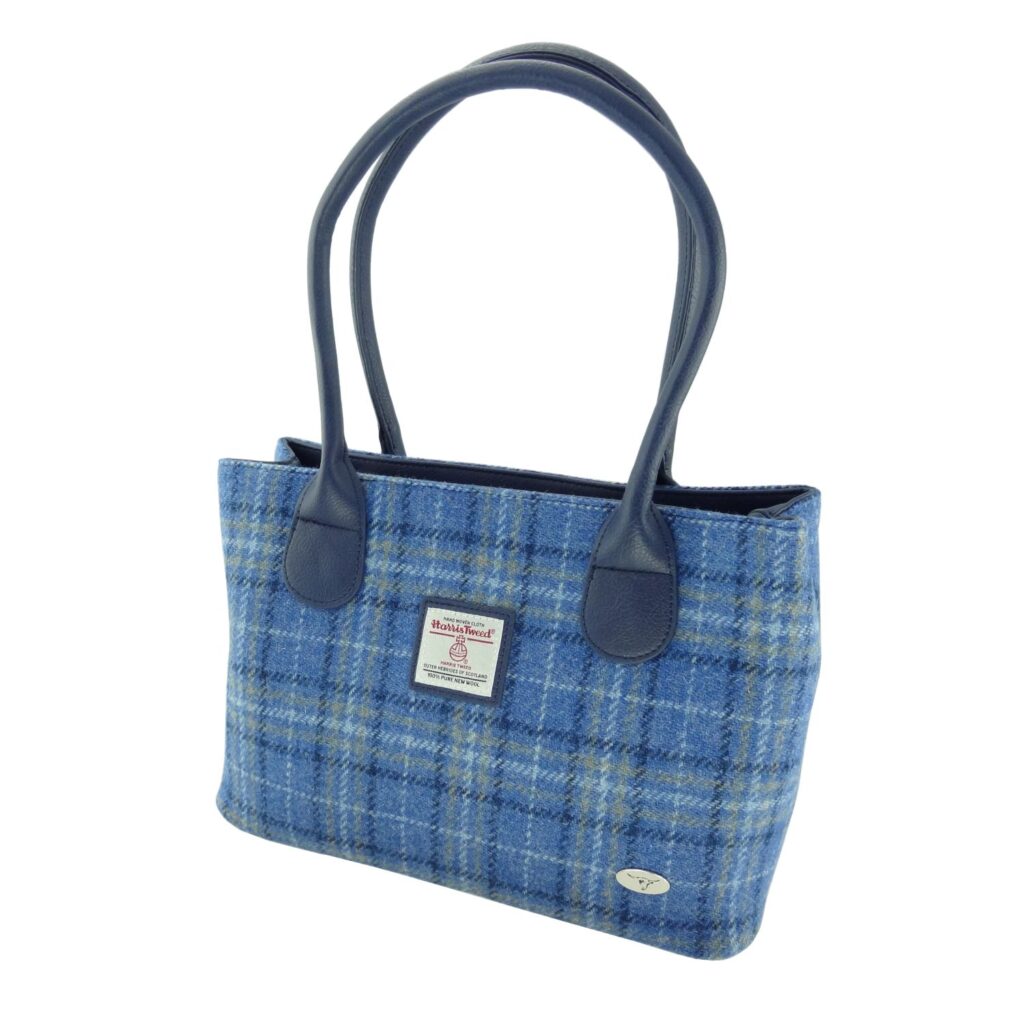 Cassley Classic Handbag with Harris Tweed Blue Check Fabric - COL129 | Harris Tweed Scotland