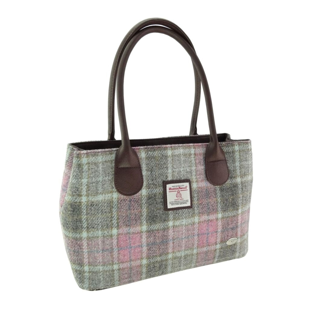 Cassley Classic Handbag with Harris Tweed with Harris Tweed Purple Grey & Brown Fabric - COL134 | Harris Tweed Scotland