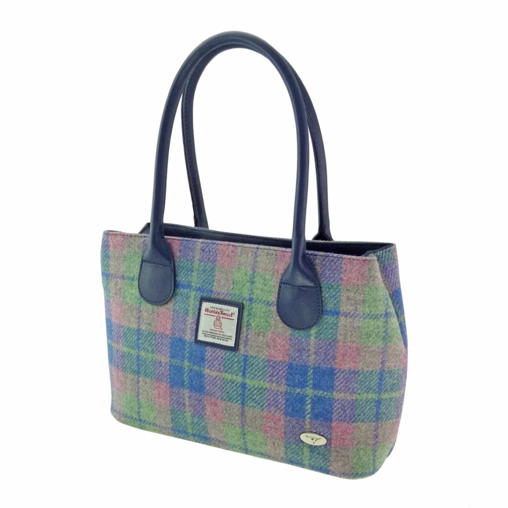 Cassley Classic Handbag with Harris Tweed Blue, Purple & Green Check Fabric - COL135 | Harris Tweed Scotland