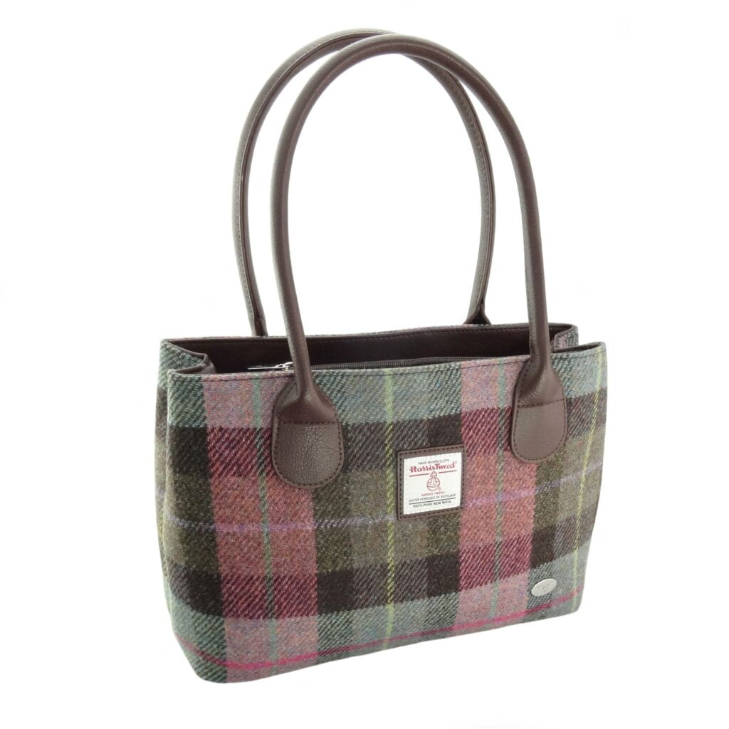 Cassley Classic Handbag with Harris Tweed Purple & Green Check - COL137 | Harris Tweed Scotland
