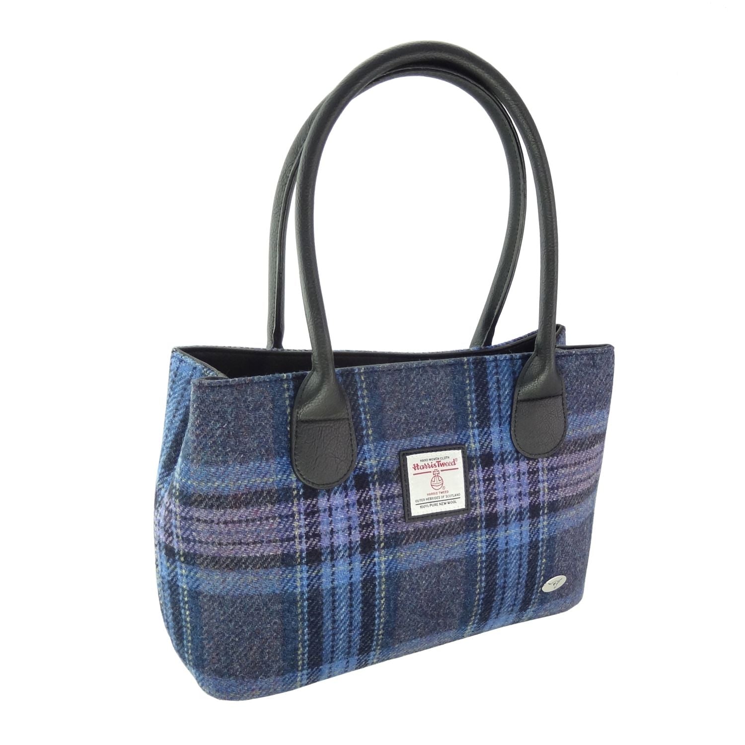 Cassley Classic Handbag with Harris Tweed Blue, Purple & Navy Check - COL143 | Harris Tweed Scotland