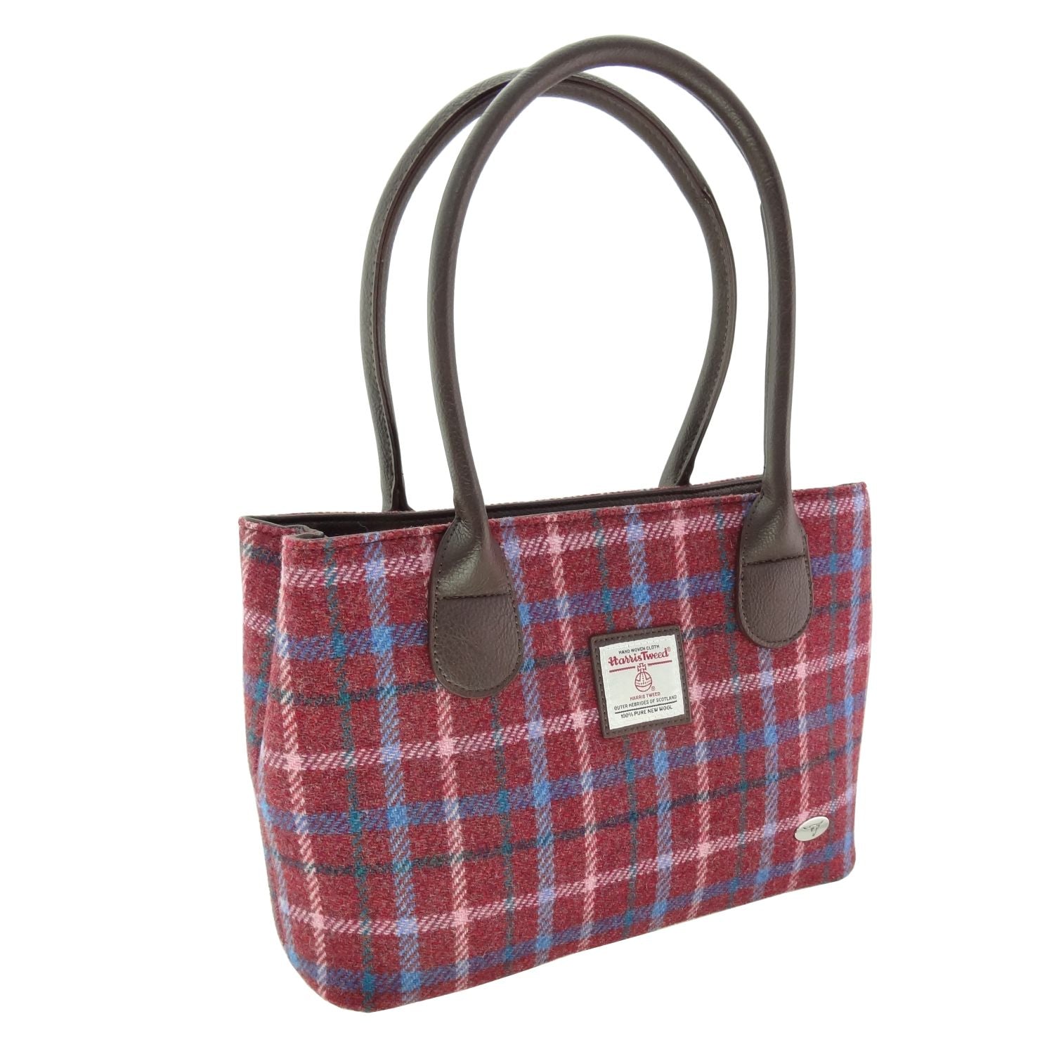 Cassley Classic Handbag with Harris Tweed Purple, Blue & Pink Check Fabric - COL151 | Harris Tweed Scotland